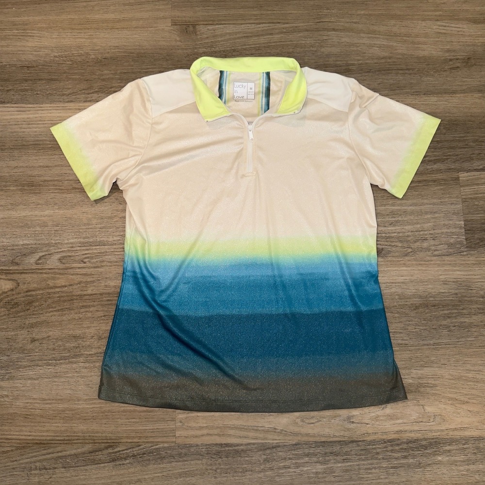Lucky in Love Womens Ombre Shimmer Quarter Zip Polo Shirt Blue Lime Green Medium